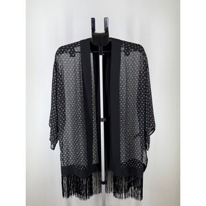 Express Black Polka Dot Sheer Fringe Kimono Cardigan Open Front One Size